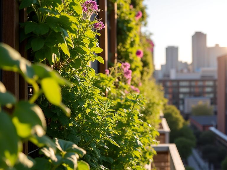 Vertical herb wall on urban balcony